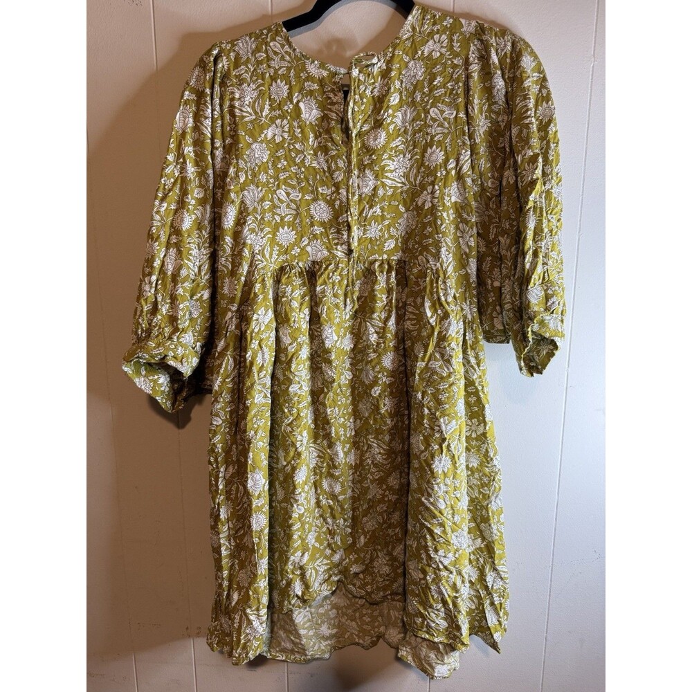Yellow White Floral A-Line Short Dress 3/4 Sleeve Crew Neck Button Closure - Picture 3 of 3